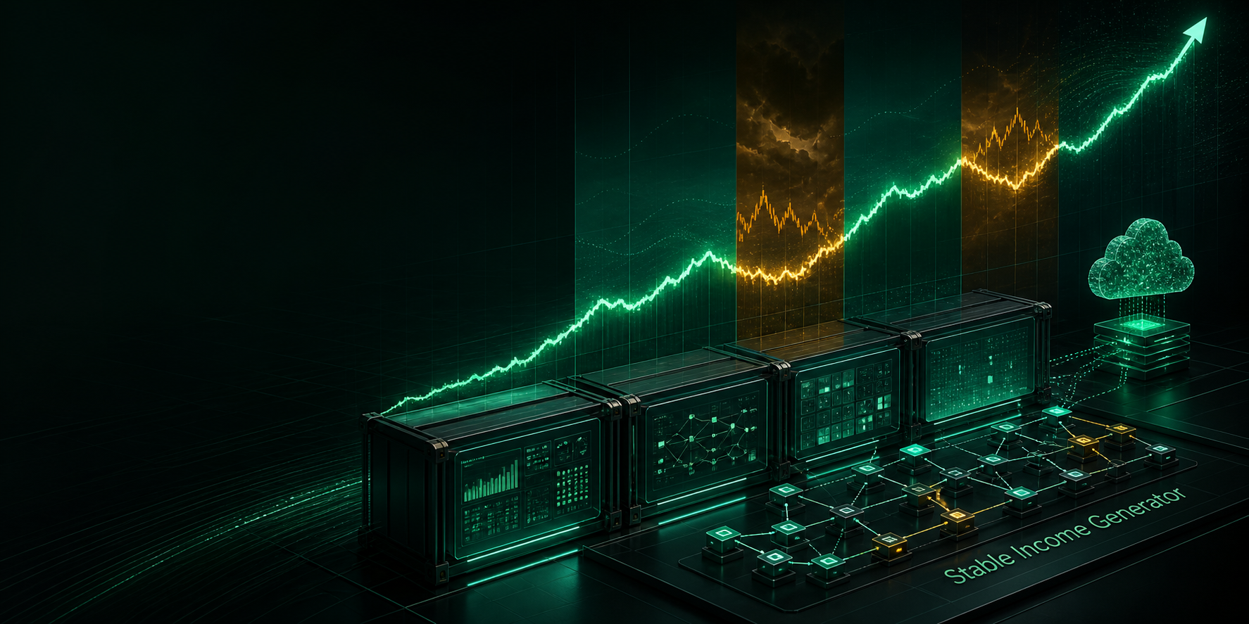 A steady emerald growth path crossing calm and turbulent market regimes above a modular containerized decision system
