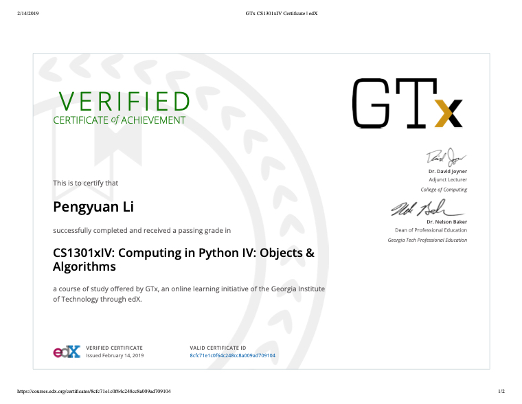 GTx CS1301xIV Certificate | edX
